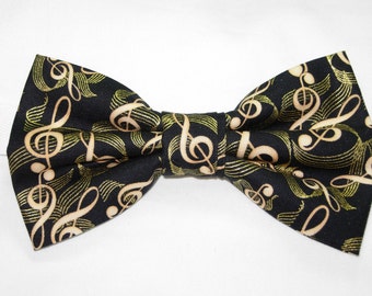 Music Bow tie, Treble Clefs & Metallic Gold Sheet Music on Black, Pre-tied Bow Tie, Recitals, Bow ties for Men, Boys bow tie, Girls Hair Bow