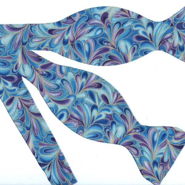 Peacock Swirl Bow tie, Blue and Purple Swirls, Metallic Gold Highlights, Self-tie & Pre-tied, Bow ties for Men, Boys bow tie, Girls Hair Bow