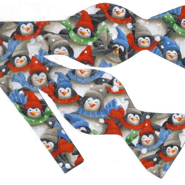 Christmas Bow Tie | Winter Penguins | Red & Green | Self-tie or Pre-tied | Christmas Party | Bow ties for Men | Boy bow tie | Girls Hair Bow