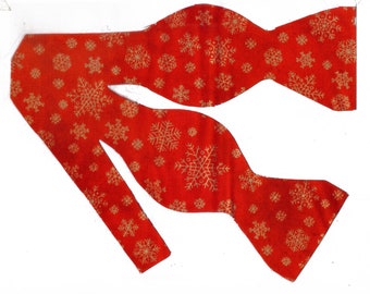 Christmas Bow Tie, Metallic Gold Snowflakes on Red, Self-tie or Pre-tied, Christmas Party, Bow ties for Men, Boys bow tie, Girls Hair Bow