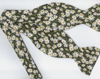 Daisy Floral Bow Tie, Dark Green, Spring Wedding, Self-tie or Pre-tied, Men, Boys, Girls Hair Clip
