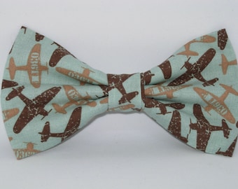 Airplane Bow tie, WWII Fighter Planes on Mint Green, Pre-tied Bow tie, Bow tie for Men, Boy Bow tie, Military Vintage Planes, Girls Hair Bow