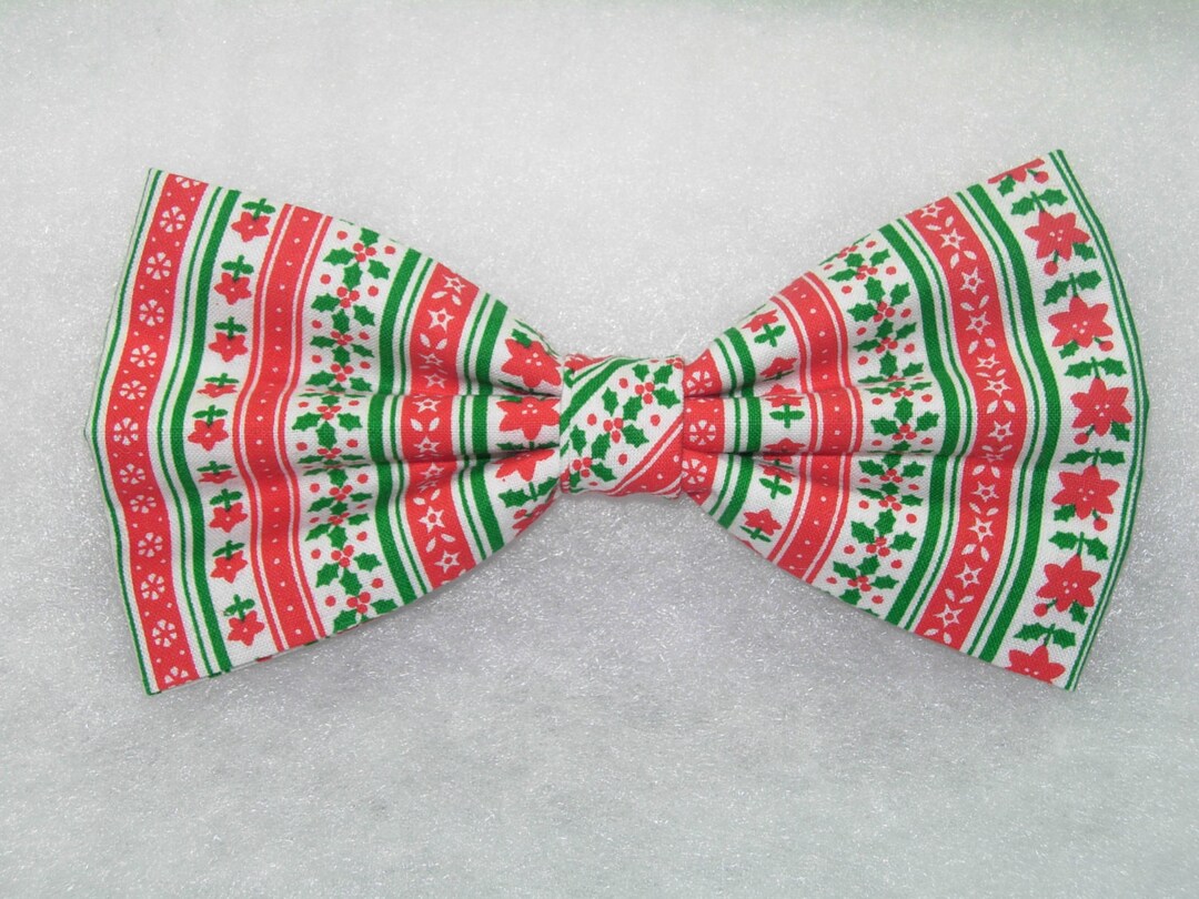 Christmas Stripe Pretied Bow Tie Christmas Trees Poinsettias Holly