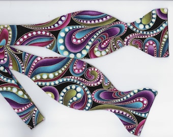 Pajarita retro con estampado de cachemira / Morada, verde azulado, rosa y dorado metalizado / Para atar o preatada / Pajaritas para hombre / Pajaritas para niño / Lazo para el pelo para niña