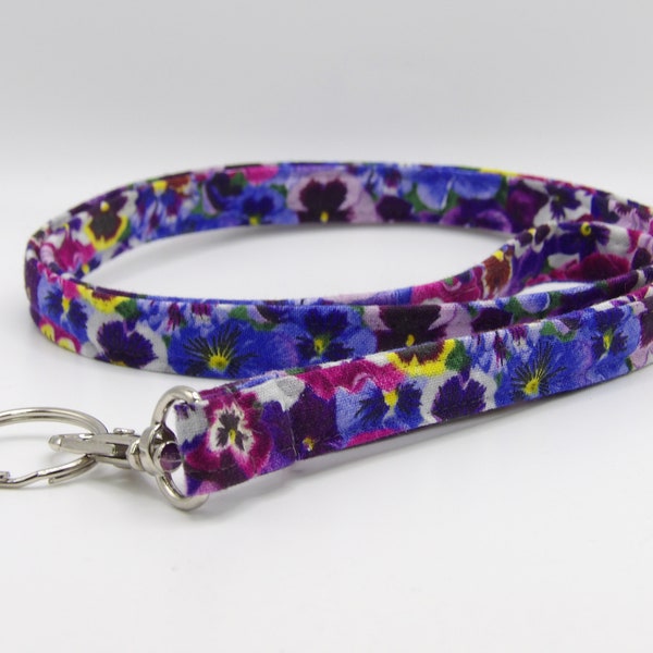 Purple Pansy Lanyard, Lavender & Purple Pansies, Flower Key Fob, Cell Phone Wristlet, Purple Key Chain, Trendy Lanyard, Mother's Day Gift