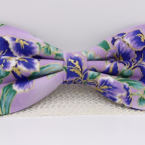 Lavender Bow Tie, Purple Flowers with Sage Green Leaves & Metallic Gold, Pre-tied Bow tie, Bow ties for men, Boys bow tie, Girls Hair Bow