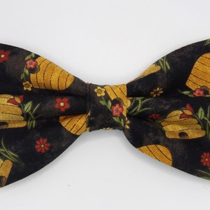 Bee Hive Bow Tie, Tan Bee Skeps & Flowers on Black, Pre-tied bow tie, Men, Boys Girls Hair Clip, Beekeeper