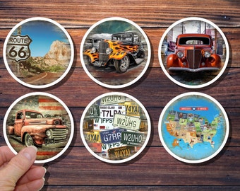 May include: Six round coasters with different designs. The coasters feature vintage cars, Route 66, a map of the United States, and license plates.