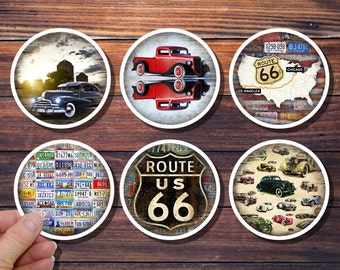 May include: Six round coasters with vintage car and Route 66 themes. The coasters feature images of classic cars, license plates, and a Route 66 sign.