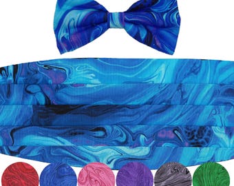 Abstract Marble Cotton Cummerbund Bow Tie Set, Formal Events, Weddings, 7 Colors, Self-tie or Pre-tied, Matching Pocket Square Available