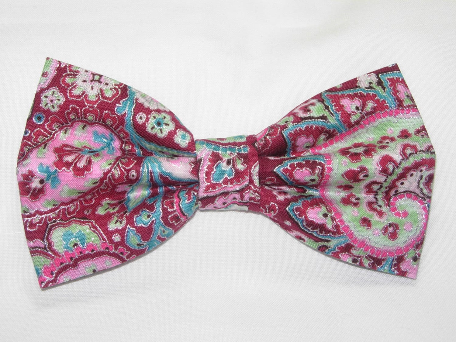 Pink Paisley Bow Tie, Pre-tied Bow tie, Pink Blue & Metallic Silver Paisley, Pink Weddings, Boys Bow tie, Bow ties for Men, Prom bow ties