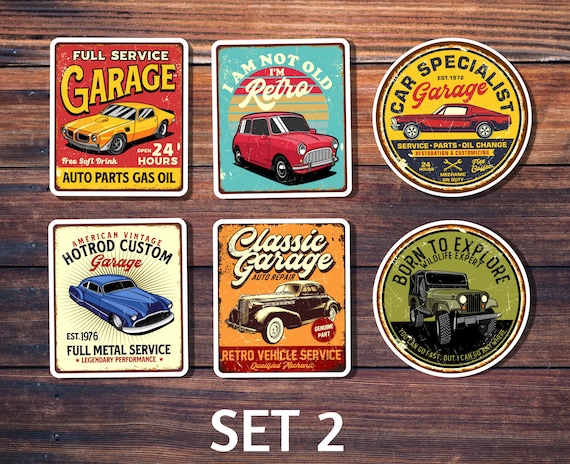 Buy Set of 6 Retro Car Stickers set 2 Vintage Metal Signs Custom