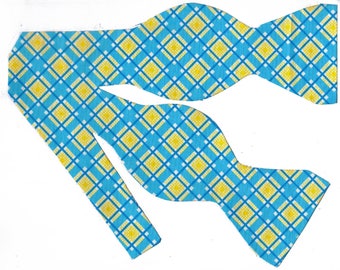 Summer Breeze Bow Tie | Teal Blue, Turquoise, Yellow Diagonal Plaid | Teal Weddings | Bow ties for men | Boys bow tie | Girls Hair Bow