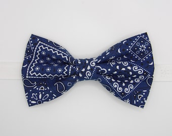 Pajarita estilo bandana occidental, azul marino y blanco, de algodón preanudada, para hombres, niños y niñas.