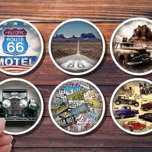 Set of 6 Route 66 Stickers (Set 1) Vintage Cars, Retro License Plates, Mechanic Stickers, Waterproof Vinyl, Water bottle, Tool Box Sticker
