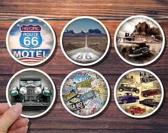 May include: Six round stickers with vintage-inspired designs featuring classic cars, Route 66 imagery, and license plates. The stickers are perfect for adding a touch of nostalgia to laptops, water bottles, or other surfaces.