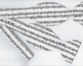 Music Bow Tie, Black Sheet Music on White, Self-tie or Pre-tied, Music Teacher Gift, Bow ties for men, Boys Recital bow tie, Girls Hair Bow