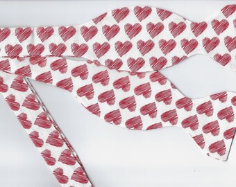 Valentine's Day Bow Tie, Scribbled Red Hearts, Self-tie or Pre-tied, Valentine bow ties, Red & White Bow tie, Bow ties for Men, Boys Bow tie