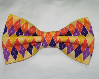 Autumn bow tie | Yellow, Orange, Purple Argyle | Pre-tied Bow Tie | Fall Wedding bow tie | Bow ties for Men | Boys Bow tie | Girls Hair Bow