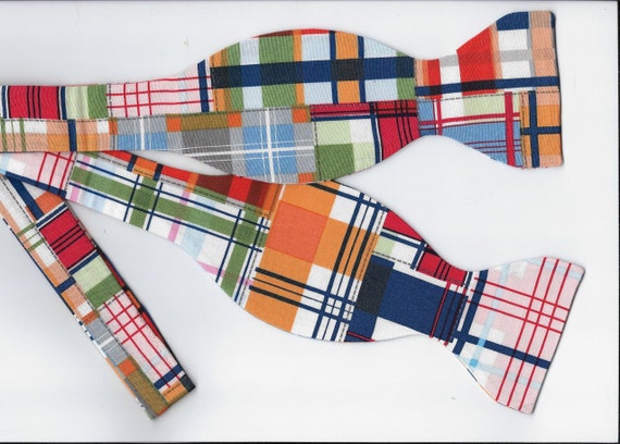 Madras Plaid Bow tie | Red, Blue, Orange Nautical Plaid | Self-tie & Pre-tied, Beach Wedding, Bow ties for Men, Boys bow tie, Girls Hair Bow