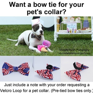 Puede incluir: Un perro blanco y negro con una pajarita roja, blanca y azul. El perro lleva un sombrero de papel blanco y est&aacute; sentado en la hierba verde. El texto "Just include a note with your order requesting a Velcro Loop for a pet collar. (Pre-tied bow ties only.)" est&aacute; en la parte inferior de la imagen.