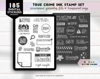 True Crime Ink Stamp Digital Stickers | Neutral color minimalist text stickers for true crime fans for GoodNotes and digital journals