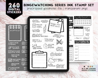 Ink Stamp Digital Stickers - Binge Watch Series | Minimalist stickers in neutral colors | TV series tracker for GoodNotes, ZoomNotes