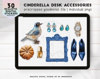 Cinderella Realistic Digital Stickers | Digital Desk Accessories Blue Princess Fairy Tale PNG Stickers for GoodNotes