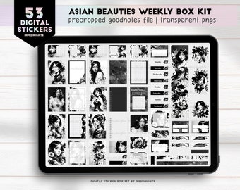 Asian Beauties Weekly Box Digital Sticker Kit | Black and White Monochrome Weekly Box Pre-Cropped GoodNotes Stickers