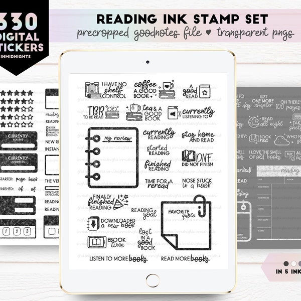 Reading Ink Stamp Digital Stickers | Minimalist book lover stickers in neutral colors for digital planners and journals