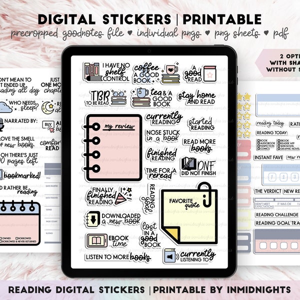 Reading Digital Stickers & Printable | Minimalist pastel colored book journal, bibliophile, stickers for digital planners and printing