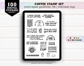Ink Stamp Digital Stickers - Coffee | Minimalist text stickers in neutral colors | Caffeine stickers for GoodNotes, ZoomNotes