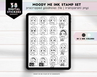 Moody Me Stamp Digital Stickers | Cute Girl Expression Set Neutral Colors Digital Stickers for GoodNotes, ZoomNotes