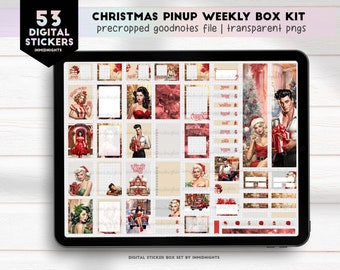 Christmas Pin Up Weekly Box Digital Sticker Kit | Vintage Holiday Girls Box Pre-Cropped GoodNotes Stickers