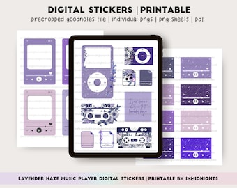 Lavender Music Player Digital Stickers and Printable | Floral Cassette Tape Decorative Playlist GoodNotes Stickers