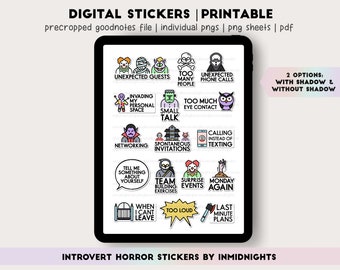 Introvert Horror Digital Stickers | Halloween Printable - Minimalist pastel colored stickers for introverts