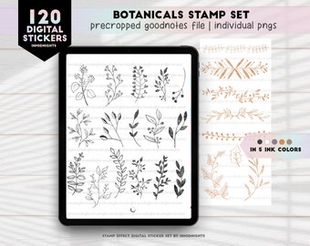 Botanicals Ink Stamp Effect Digital Stickers | Boho Leaves minimalist stickers in neutral colors for GoodNotes, Digital Planners