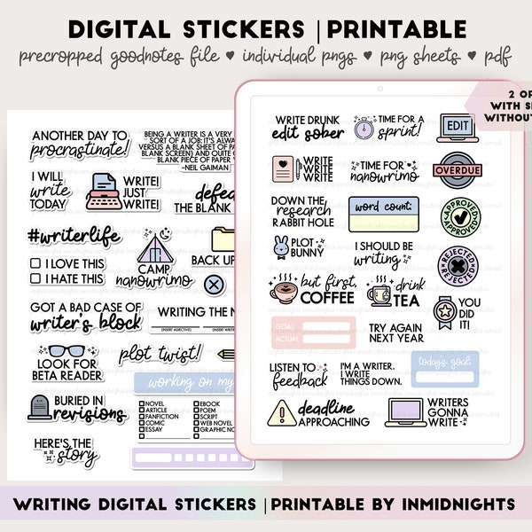 Writing Digital Stickers | Nanowrimo Printable - Minimalist pastel colored stickers for authors & writers