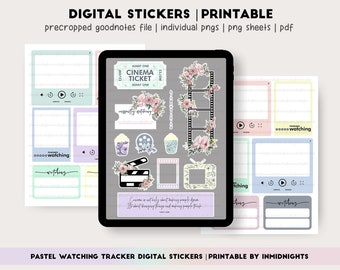 Pastel Watching Tracker - Digital Stickers & Printable | Movie TV Series Tracker Widget Floral Pastel Stickers for Digital Planners