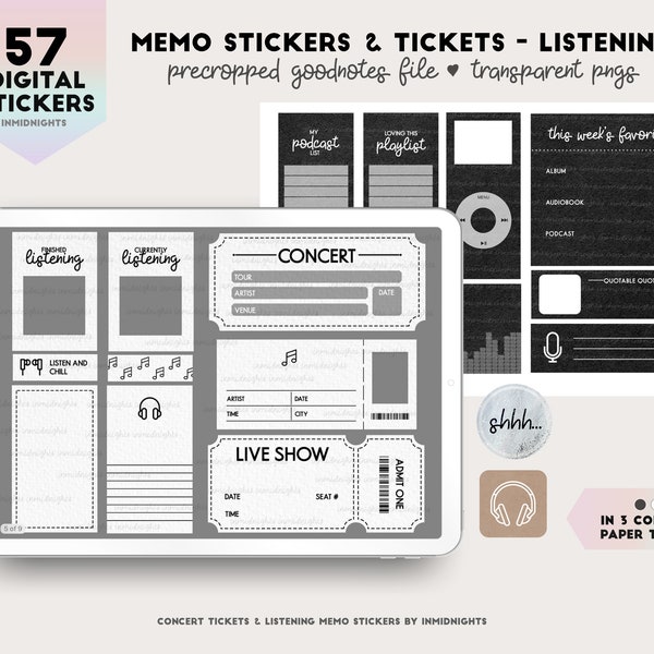 Digital Concert Ticket & Memo Stickers - Listening | Podcast Music Paper Texture Stickers for GoodNotes