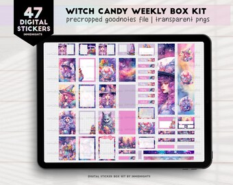 Witch Candy Weekly Box Digital Sticker Kit | Purple Witch Halloween Lollipop Pre-Cropped GoodNotes Stickers