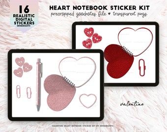 Digital Stickers - Valentine | Heart notebook pngs in red and pink for digital journaling