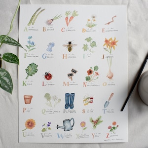 Garden Watercolor Alphabet | Fine Art Print | Poster | Home Classroom Nursery Decor