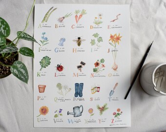 Garden Watercolor Alphabet | Fine Art Print | Poster | Home Classroom Nursery Decor