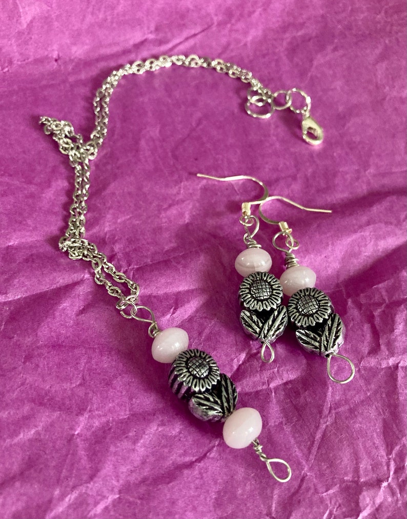 Pale Lavender Beads With Sunflowers Earring and Necklace Set Etsy
