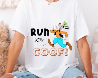May include: White t-shirt with a cartoon image of Goofy running and the text "Run Like a Goof!"