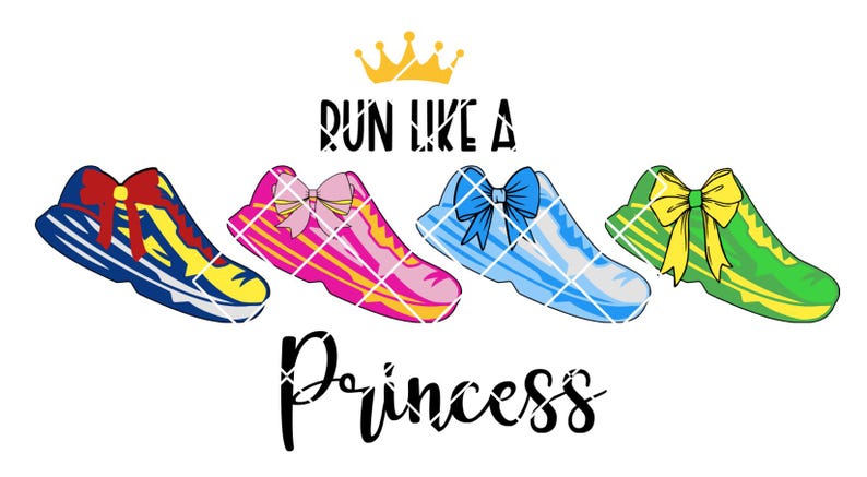 May include: Four colorful running shoes with bows on the laces. The shoes are blue, pink, light blue, and green. The text "Run like a princess" is written in black below the shoes.