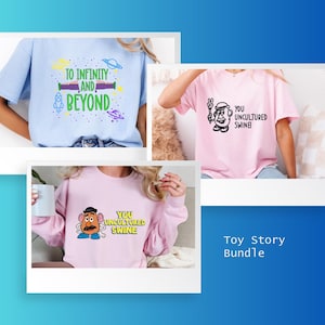 May include: A bundle of three Toy Story themed t-shirts. The first shirt is light blue with the text "To Infinity and Beyond" in green and purple. The second shirt is pink with a black and white illustration of Mr. Potato Head and the text "You Uncultured Swine". The third shirt is pink with a color illustration of Mr. Potato Head and the text "You Uncultured Swine".