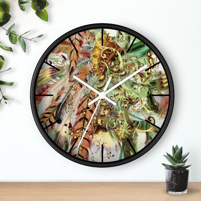 Office Wall Clock Unique Wall Clock Wooden Wall Clock Kitchen Wall Clock Bohemian Exotic Feather Wall Clock Minimalist Wall Clock