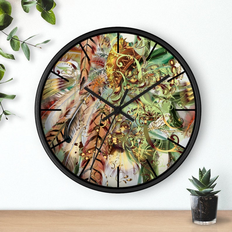Office Wall Clock Unique Wall Clock Wooden Wall Clock Kitchen Wall Clock Bohemian Exotic Feather Wall Clock Minimalist Wall Clock
